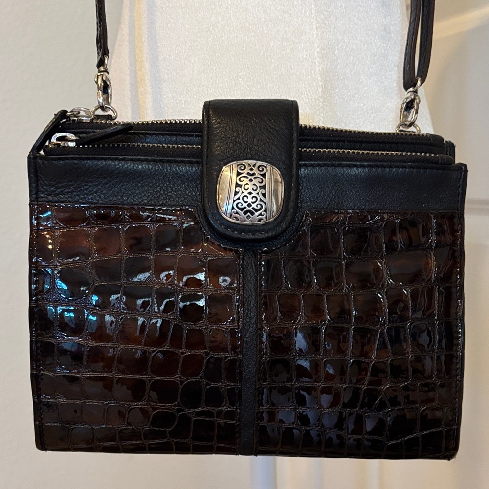 BRIGHTON Gorgeous Black & Brown Leather Croc Embossed Crossbody/ Organizer Bag